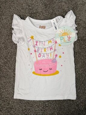 Little Sleepies White Tee with Pink Birthday Cake Graphic